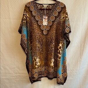 #852 Leopard-Print Tunic Top with Teal Border